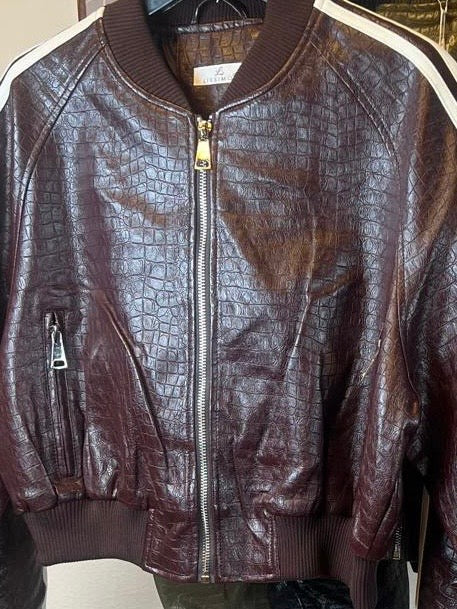 PU Croco Leather Bomber – Dark Brown